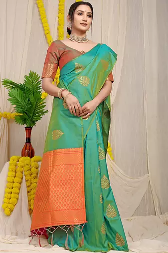 Sea green banarasi silk blend saree with gold leaf buttis & woven border