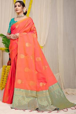 Orange banarasi silk blend saree with gold leaf buttis & woven border 1
