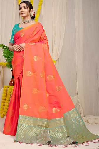 Orange banarasi silk blend saree with gold leaf buttis & woven border