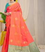 Orange banarasi silk blend saree with gold leaf buttis & woven border