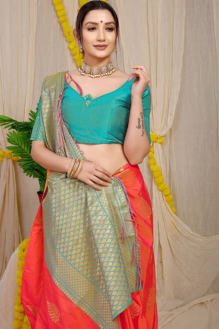 Orange banarasi silk blend saree with gold leaf buttis & woven border