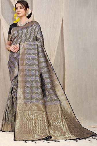 Black & grey banarasi silk blend saree with zari woven geometric pattern