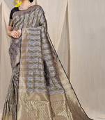 Black & grey banarasi silk blend saree with zari woven geometric pattern