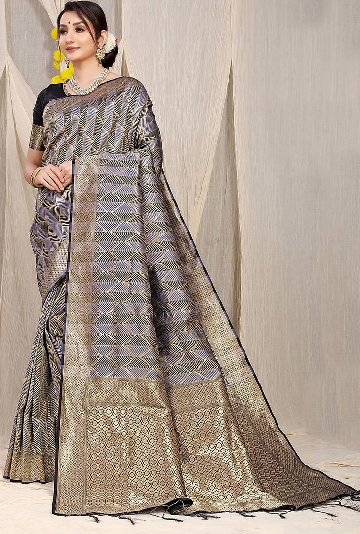Black & grey banarasi silk blend saree with zari woven geometric pattern