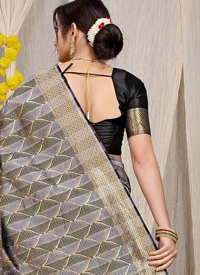 Black & grey banarasi silk blend saree with zari woven geometric pattern 2