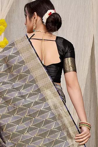 Black & grey banarasi silk blend saree with zari woven geometric pattern