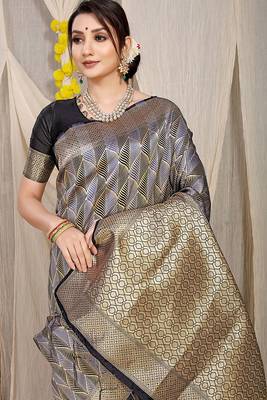 Black & grey banarasi silk blend saree with zari woven geometric pattern 3