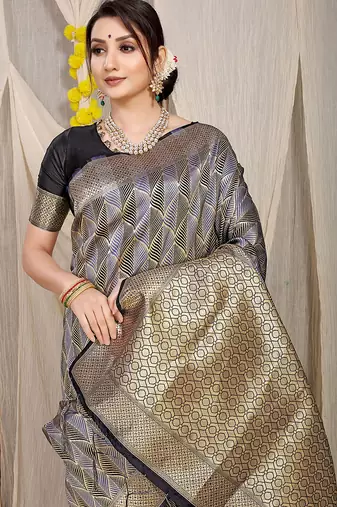 Black & grey banarasi silk blend saree with zari woven geometric pattern