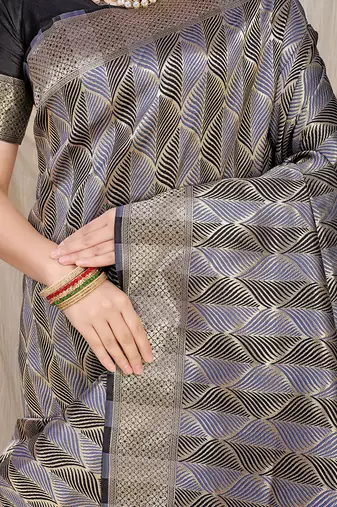 Black & grey banarasi silk blend saree with zari woven geometric pattern