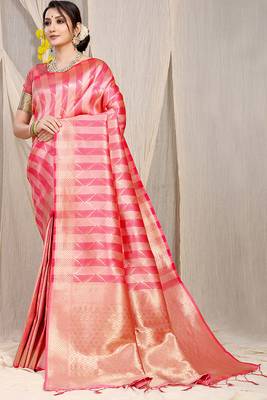 Pink & gold banarasi silk blend saree with zari woven geometric pattern 1