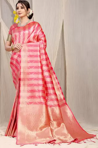 Pink & gold banarasi silk blend saree with zari woven geometric pattern