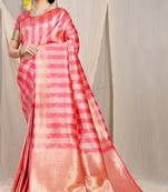 Pink & gold banarasi silk blend saree with zari woven geometric pattern