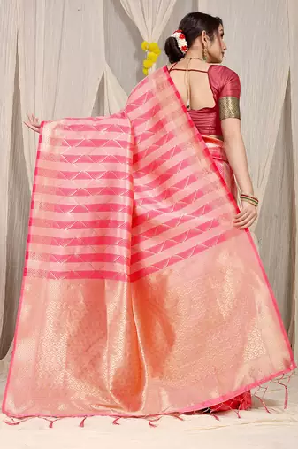 Pink & gold banarasi silk blend saree with zari woven geometric pattern