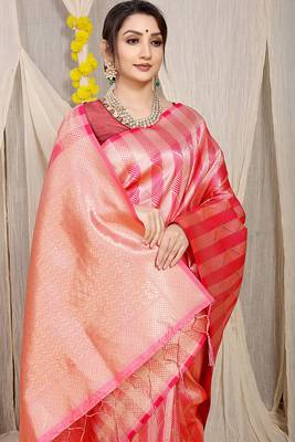 Pink & gold banarasi silk blend saree with zari woven geometric pattern 3