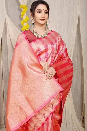 Pink & gold banarasi silk blend saree with zari woven geometric pattern