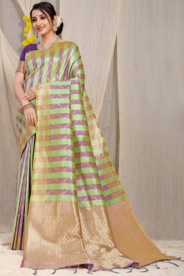 Lime green & purple banarasi silk blend saree with zari woven geometric pattern 1