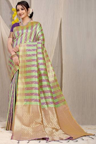 Lime green & purple banarasi silk blend saree with zari woven geometric pattern