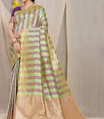 Lime green & purple banarasi silk blend saree with zari woven geometric pattern