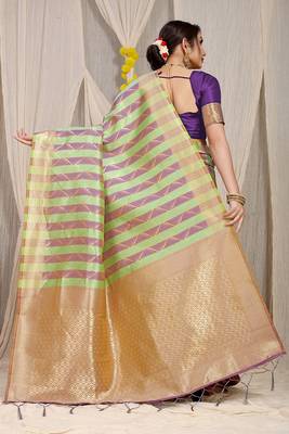Lime green & purple banarasi silk blend saree with zari woven geometric pattern 2