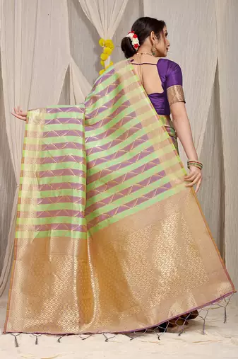 Lime green & purple banarasi silk blend saree with zari woven geometric pattern