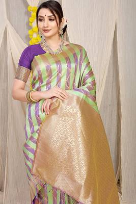 Lime green & purple banarasi silk blend saree with zari woven geometric pattern 3