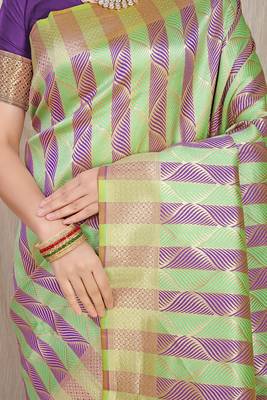Lime green & purple banarasi silk blend saree with zari woven geometric pattern 4