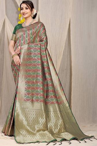 Dark green & maroon banarasi silk blend saree with zari woven geometric pattern