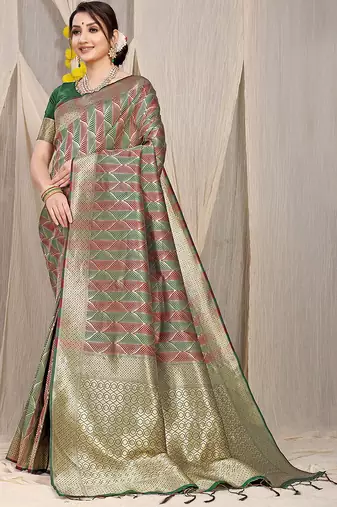 Dark green & maroon banarasi silk blend saree with zari woven geometric pattern