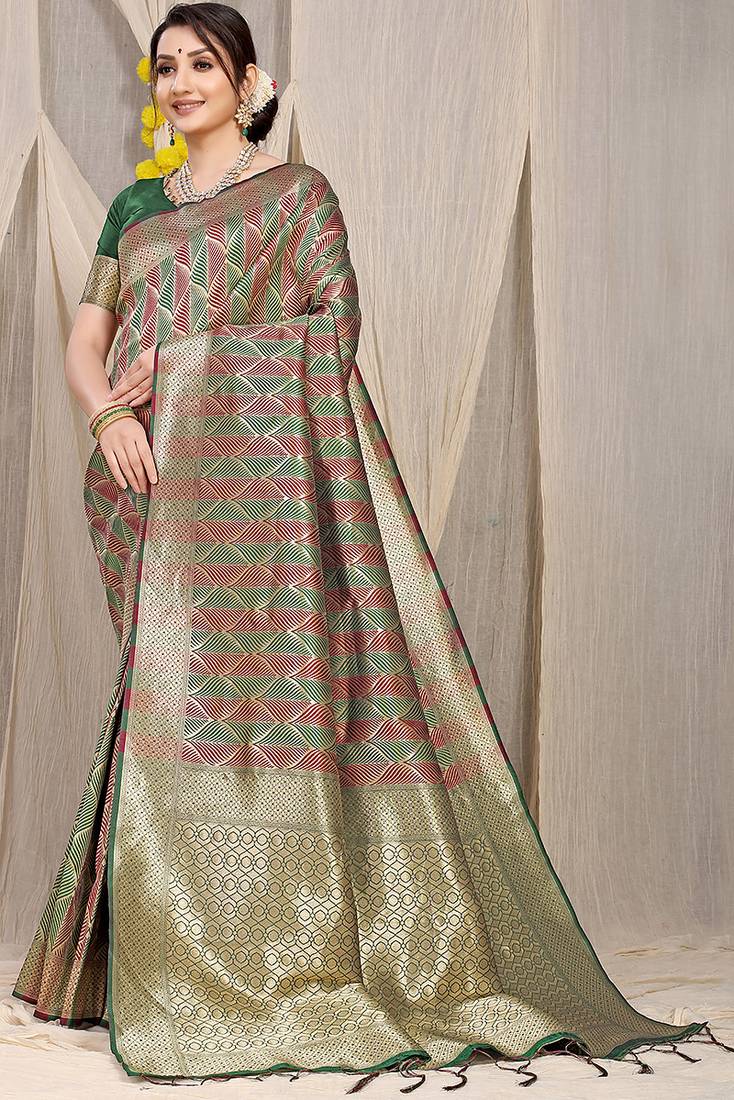 Dark green & maroon banarasi silk blend saree with zari woven geometric pattern