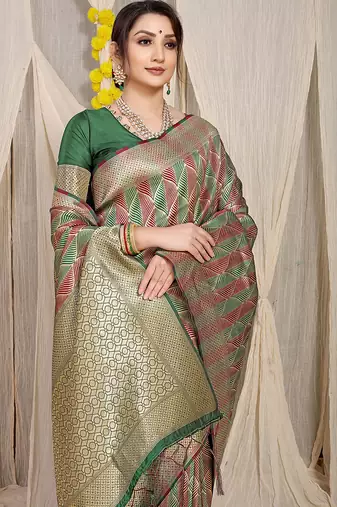 Dark green & maroon banarasi silk blend saree with zari woven geometric pattern