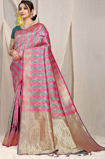 Rani pink & teal green banarasi silk blend saree with zari woven geometric pattern
