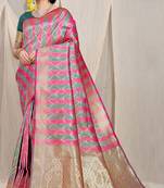 Rani pink & teal green banarasi silk blend saree with zari woven geometric pattern