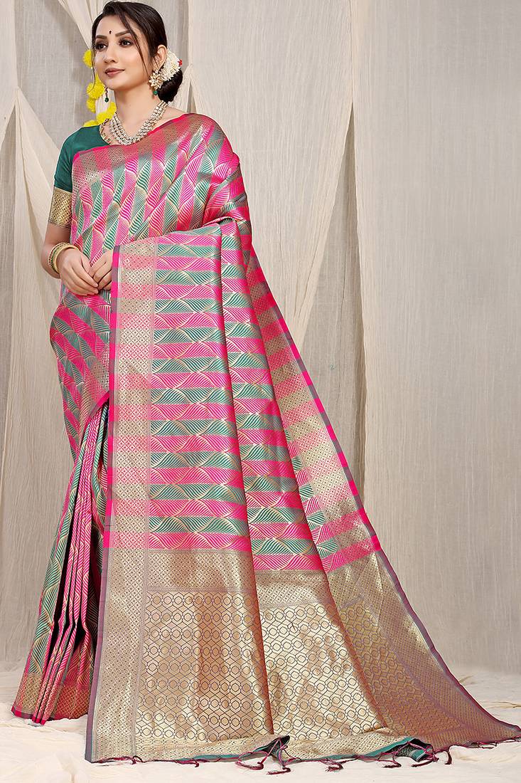 Rani pink & teal green banarasi silk blend saree with zari woven geometric pattern