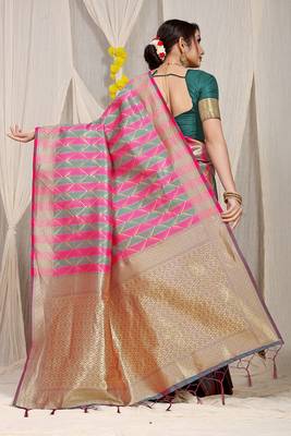 Rani pink & teal green banarasi silk blend saree with zari woven geometric pattern 2
