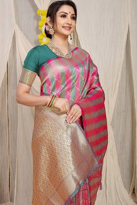 Rani pink & teal green banarasi silk blend saree with zari woven geometric pattern 3