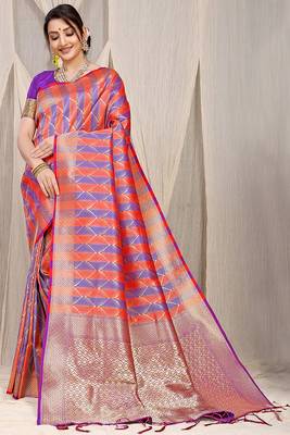 Red & violet banarasi silk blend saree with zari woven geometric pattern 1