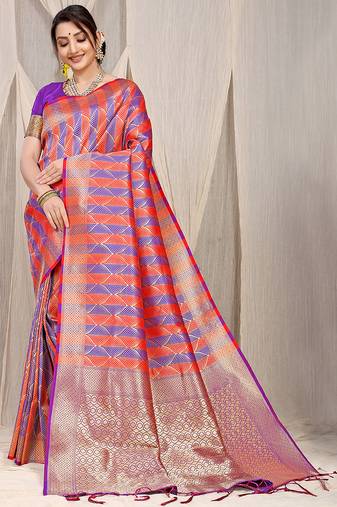 Red & violet banarasi silk blend saree with zari woven geometric pattern