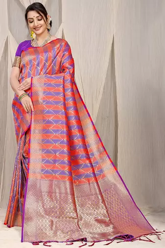 Red & violet banarasi silk blend saree with zari woven geometric pattern