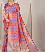Red & violet banarasi silk blend saree with zari woven geometric pattern