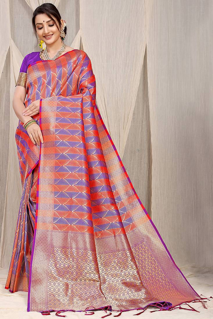 Red & violet banarasi silk blend saree with zari woven geometric pattern