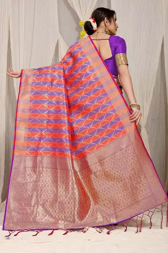 Red & violet banarasi silk blend saree with zari woven geometric pattern