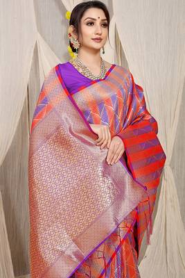 Red & violet banarasi silk blend saree with zari woven geometric pattern 3