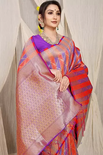 Red & violet banarasi silk blend saree with zari woven geometric pattern