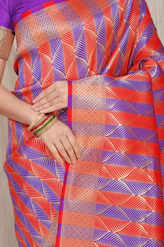 Red & violet banarasi silk blend saree with zari woven geometric pattern