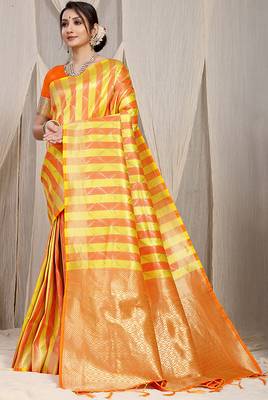 Yellow & orange green banarasi silk blend saree with zari woven geometric pattern 1