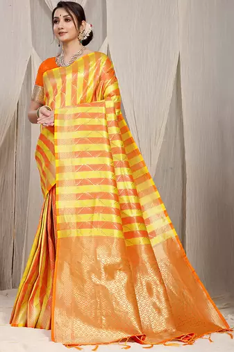 Yellow & orange green banarasi silk blend saree with zari woven geometric pattern