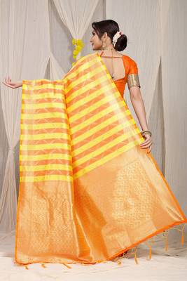 Yellow & orange green banarasi silk blend saree with zari woven geometric pattern 2