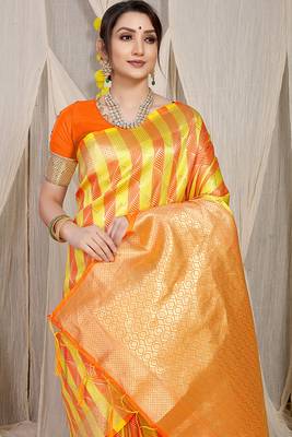 Yellow & orange green banarasi silk blend saree with zari woven geometric pattern 3
