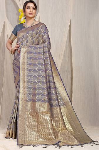 Grey & violet green banarasi silk blend saree with zari woven geometric pattern