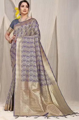 Grey & violet green banarasi silk blend saree with zari woven geometric pattern
